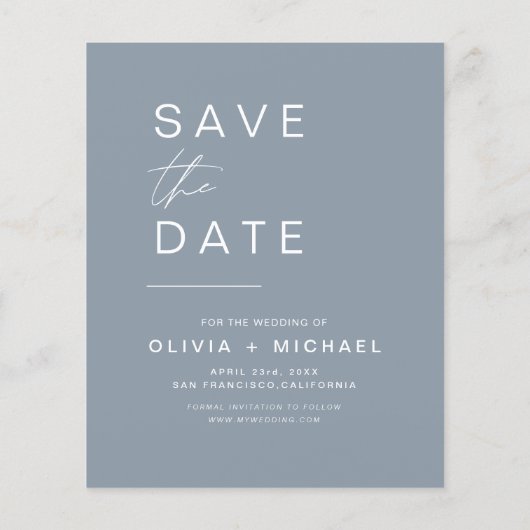 Budget Dusty Blue Save the Date Foto Aankondiging Flyer (Achterkant)