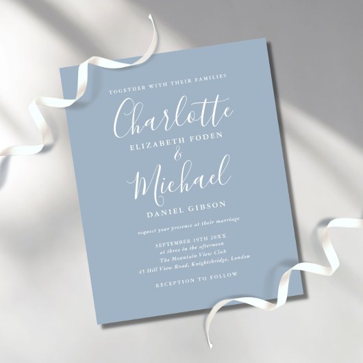 Budget Dusty Blue Script Photo Weduwen Invitation