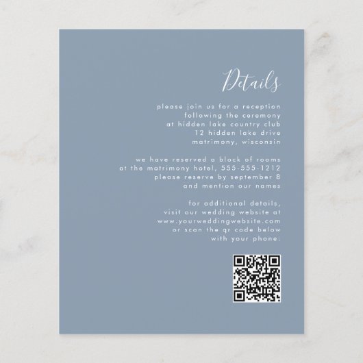 Budget Dusty Blue Script QR Code Bruiloft Uitnodig (Achterkant)