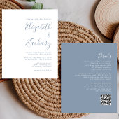 Budget Dusty Blue Script QR Code Bruiloft Uitnodig