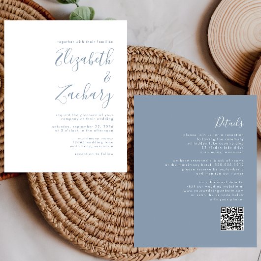 Budget Dusty Blue Script QR Code Bruiloft Uitnodig