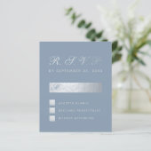 Budget Dusty Blue Silver Calligraphy Wedding RSVP (Staand voorkant)