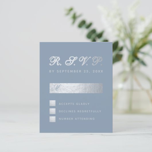 Budget Dusty Blue Silver Calligraphy Wedding RSVP (Staand voorkant)