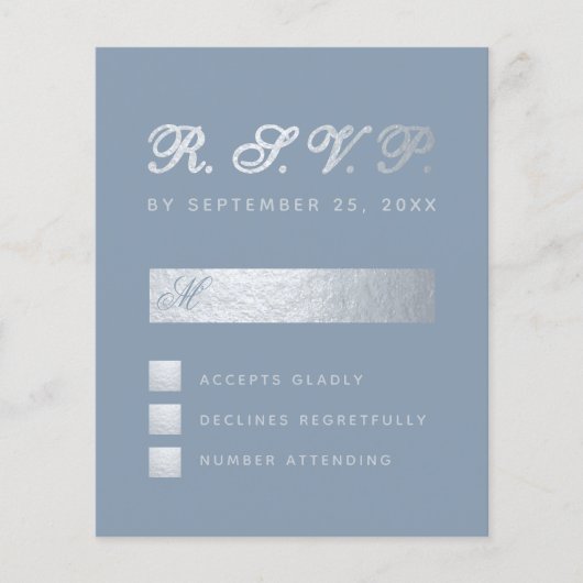 Budget Dusty Blue Silver Calligraphy Wedding RSVP (Voorkant)
