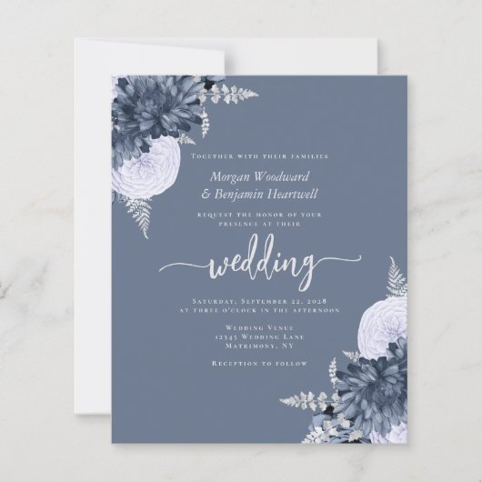 Budget Dusty Blue Silver Floral QR Code Wedding (Voorkant)