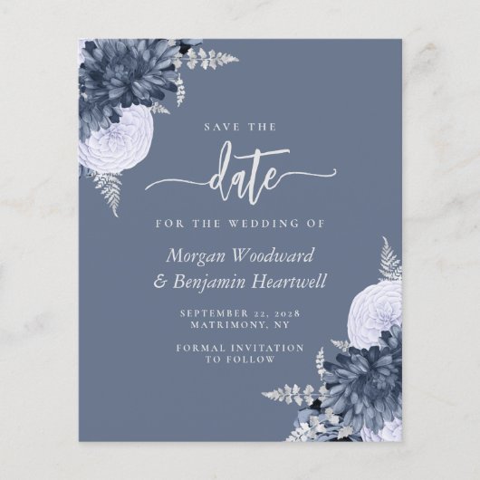 Budget Dusty Blue Silver Floral Save the Date (Voorkant)