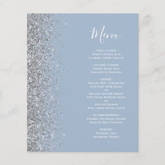 Budget Dusty Blue Silver Glitter Edge Wedding Menu (Voorkant)