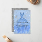 Budget Dusty Blue Silver Glitter Gown Quinceanera Notitiekaartje (Voorkant / Achterkant in situ)