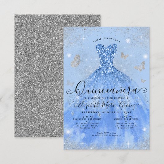 Budget Dusty Blue Silver Glitter Gown Quinceanera Notitiekaartje (Voorkant / Achterkant)