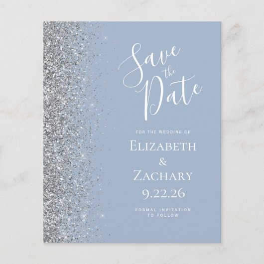 Budget Dusty Blue Silver Glitter Save the Date (Voorkant)
