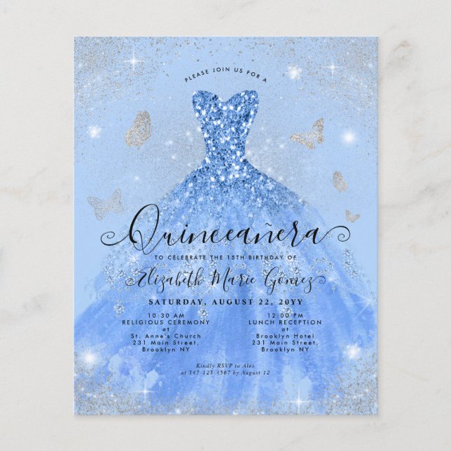 Budget Dusty Blue Silver Gown Quinceanera Invite (Voorkant)