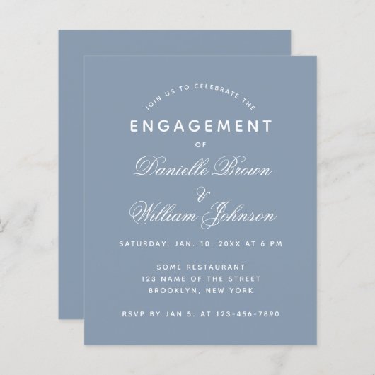 Budget Dusty Blue Simple Verloving Invitation (Voorkant / Achterkant)