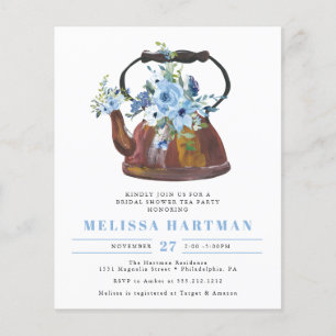 Budget Dusty Blue Tea Bridal Shower Uitnodiging
