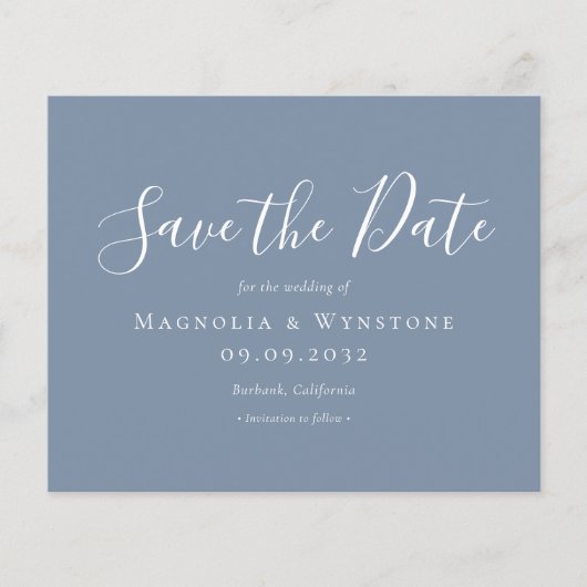 BUDGET Dusty Blue Weddenschap Save the Date (Voorkant)