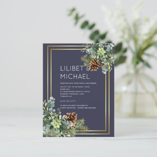 BUDGET Dusty Blue Wedding Eucalyptus Greenery Briefkaart (Staand voorkant)