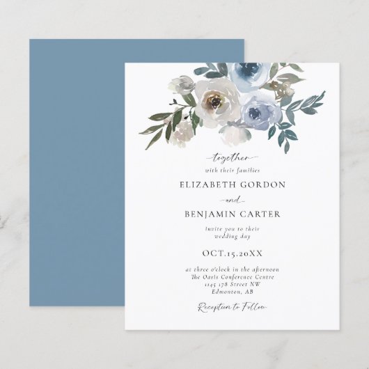 Budget Dusty Blue Wedding Floral Elegant Script (Voorkant / Achterkant)