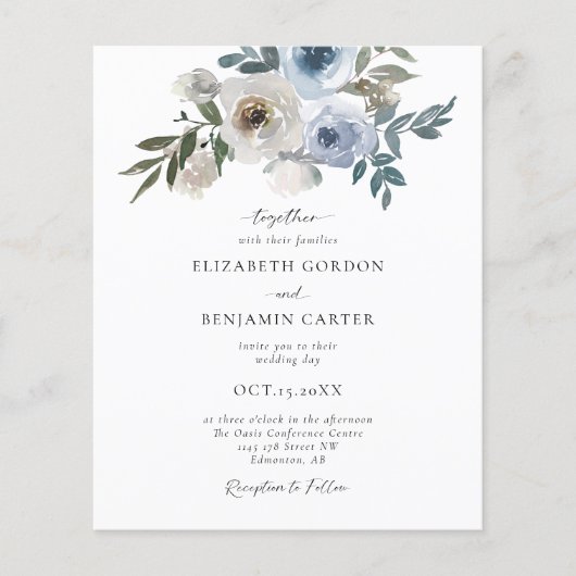 Budget Dusty Blue Wedding Floral Elegant Script (Voorkant)