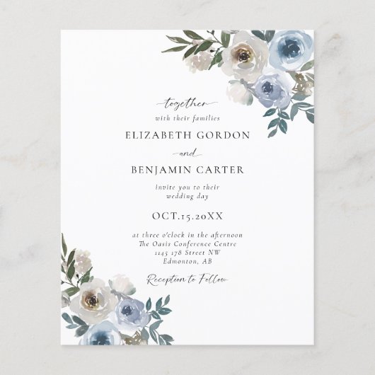 Budget Dusty Blue Wedding Floral Elegant Script (Voorkant)