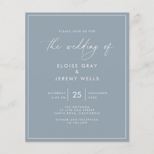Budget Dusty Blue Wedding Invitation Flyer (Voorkant)
