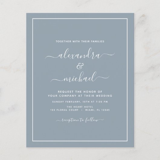 Budget Dusty Blue Wedding Modern Typography Flyer (Voorkant)