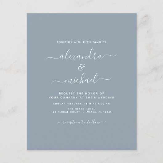 Budget Dusty Blue Wedding Modern Typography Flyer (Voorkant)