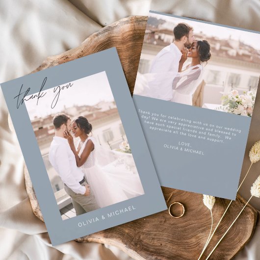 Budget Dusty Blue Wedding Photo Dank u Kaarten