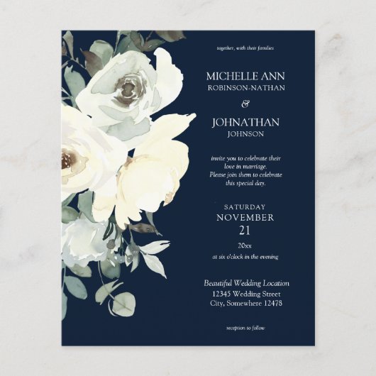 Budget Dusty Blue & Whi Floral Navy Wedding Flyer (Voorkant)