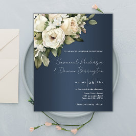 Budget Dusty Blue, White Roses Bruiloft uitnodigin Flyer
