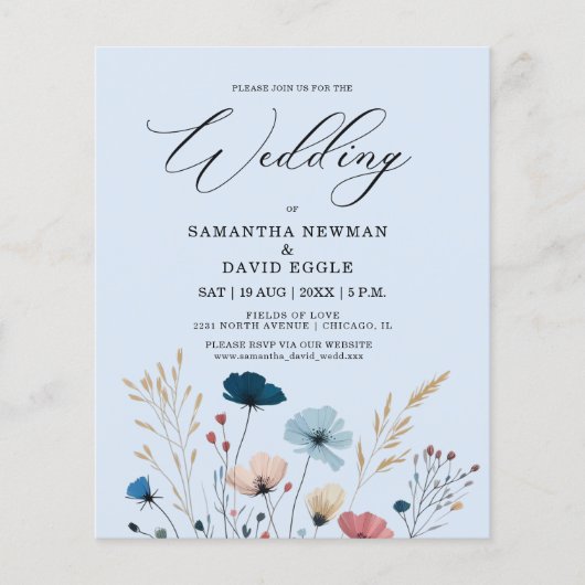 Budget Dusty Blue Wild Floral Wedding Invitation (Voorkant)