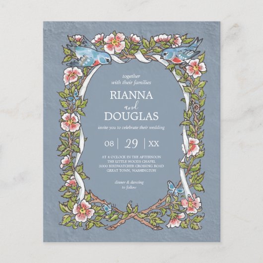 Budget Dusty Blue Wildflower Vogel Pastel Bruiloft (Voorkant)