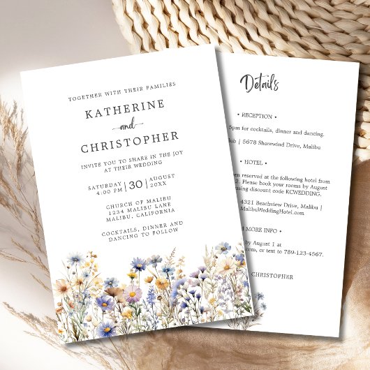 Budget Dusty Blue Wildflowers All-in-One Wedding Kaart
