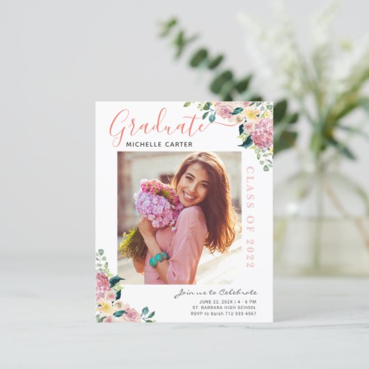 Budget Dusty Floral Foto Afstuderen Aankondiging (Staand voorkant)