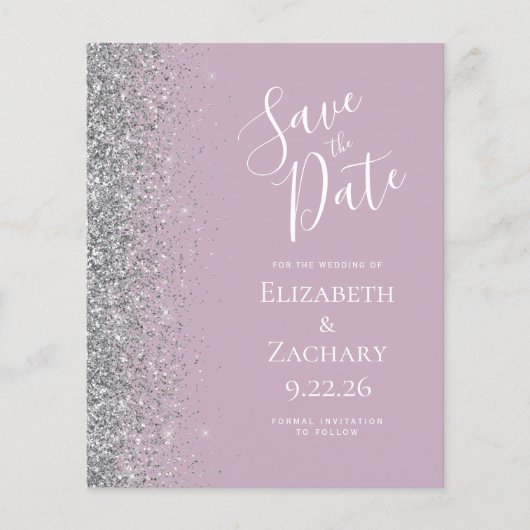 Budget Dusty Lila Silver Glitter Save the Date (Voorkant)
