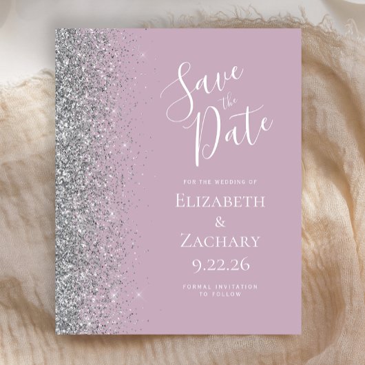 Budget Dusty Lila Silver Glitter Save the Date