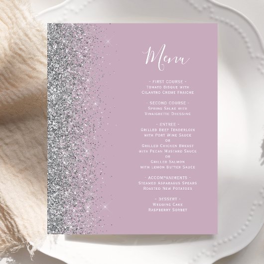 Budget Dusty Lila Silver Glitter Wedding Menu
