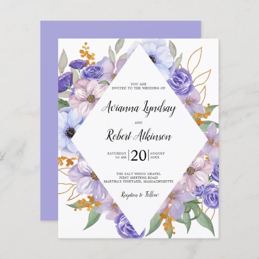 Budget Dusty Paars Floral Boho Wedding Uitnodiging (Voorkant / Achterkant)