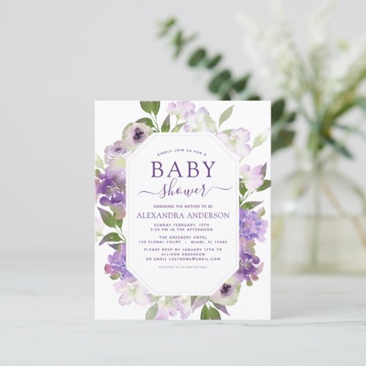 Budget Dusty Paars Floral Greenery Baby shower (Staand voorkant)