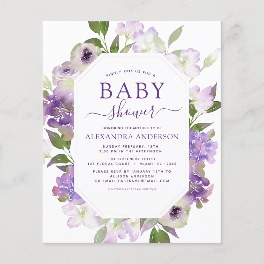 Budget Dusty Paars Floral Greenery Baby shower (Voorkant)