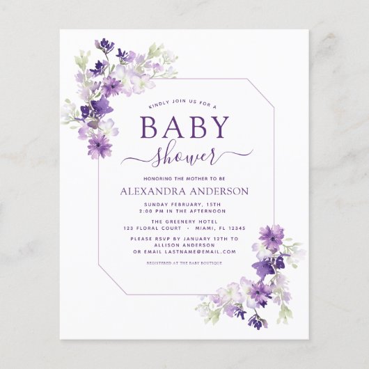 Budget Dusty Paars Floral Greenery Baby shower Flyer (Voorkant)