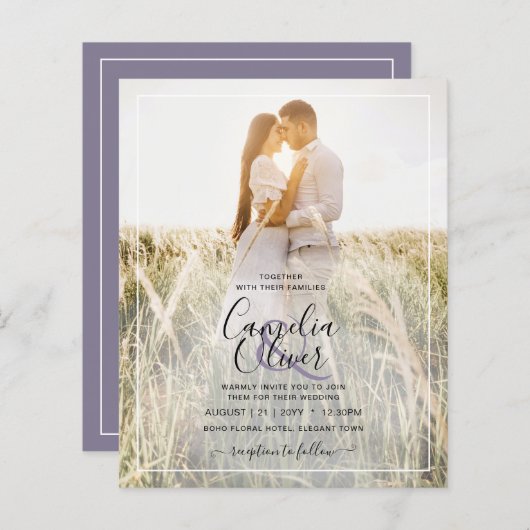BUDGET Dusty Paars Photo Overlay Wedding Invite (Voorkant / Achterkant)