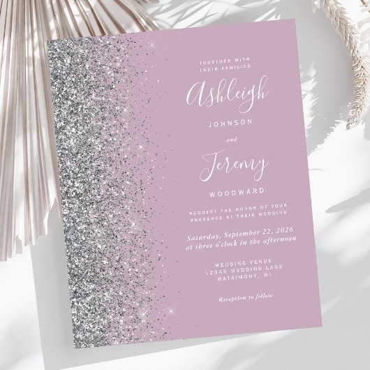 Budget Dusty Paarse Silver Glitter Wedding Invite