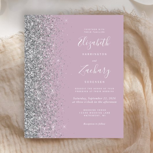 Budget Dusty Paarse Silver Glitter Wedding Invite