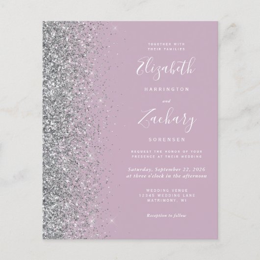 Budget Dusty Paarse Silver Glitter Wedding Invite (Voorkant)