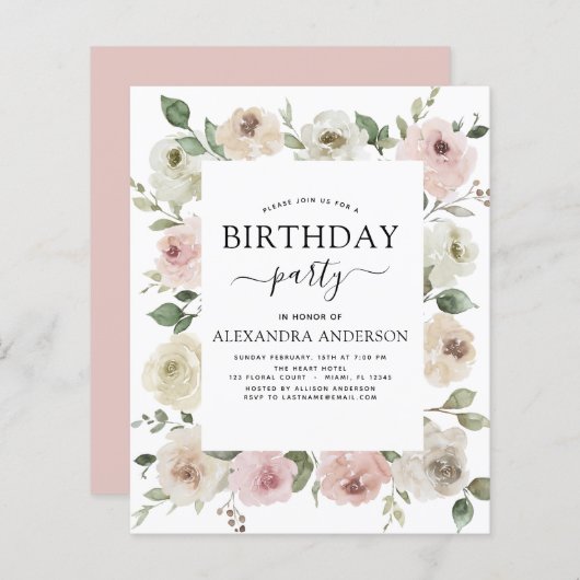 Budget Dusty Pink Birthday Party Floral (Voorkant / Achterkant)