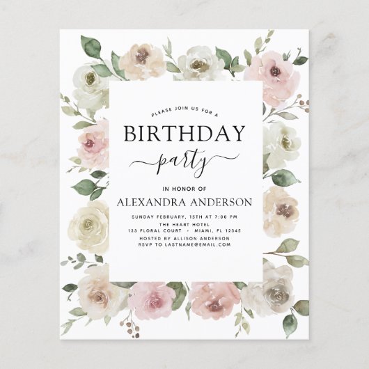 Budget Dusty Pink Birthday Party Floral (Voorkant)