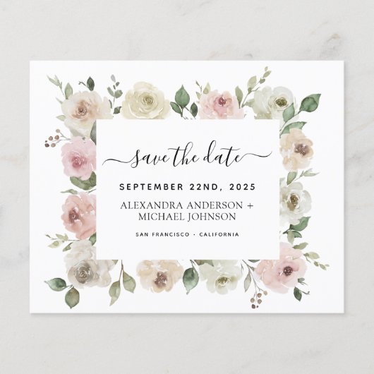 Budget Dusty Pink Floral Greenery Save the Date (Voorkant)