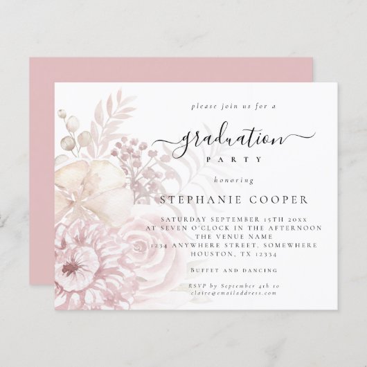 Budget Dusty Pink Florals Graduparty Uitnodiging (Voorkant / Achterkant)