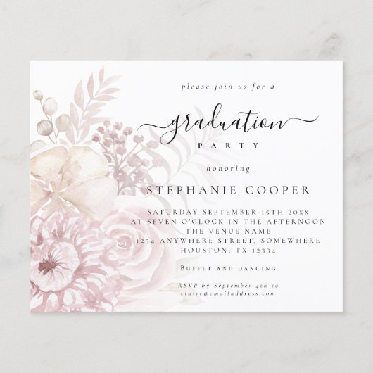 Budget Dusty Pink Florals Graduparty Uitnodiging (Voorkant)