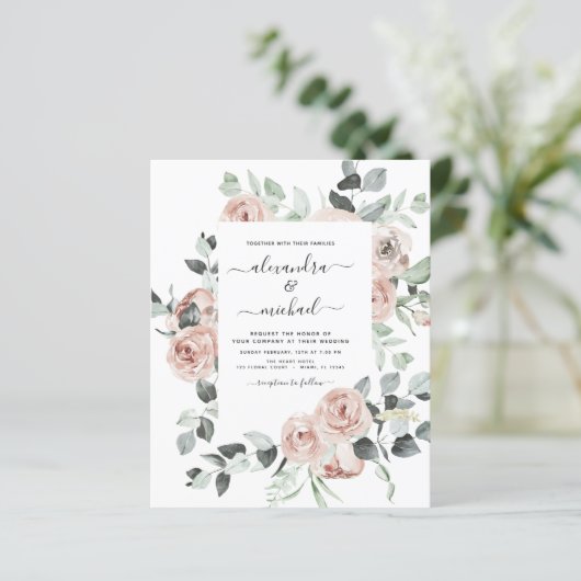 Budget Dusty Pink Greenery Wedding Invitations (Staand voorkant)