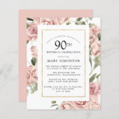 Budget Dusty Pink Rose 90th Birthday Party Invite (Voorkant / Achterkant)